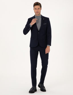 Lacivert Extra Slim Fit Y_n Kar___ml_ _izgili Tak_m Elbise