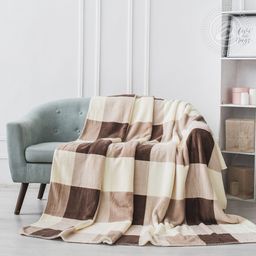 Плед флисовый "Клетка" бежевый-коричневый 220*200 Пледы "Клетка"