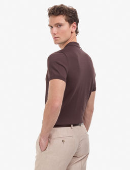 Koyu Kahverengi Slim Fit Polo Yaka Fermuarl_ Triko Ti__rt