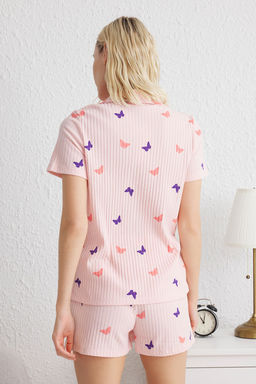 Trendyolmilla Somon-Cok Renkli Kelebek Desenli Fitilli Sortlu Orme Pijama Tak?m? THMSS25PT00016 фото 5