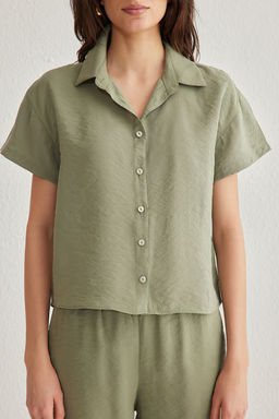 Haki Modal Yumusak Tuseli K?sa Kollu Gomlek Genis Paca Pantolon Dokuma Alt-Ust Tak?m TWOSS25AU00026 - Trendyolmilla фото 4