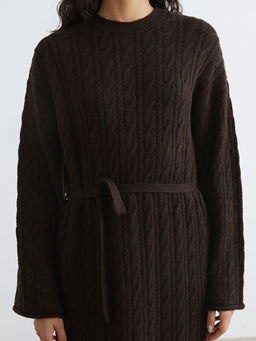 Bisiklet Yaka Kendinden Desenli Ku?akl? Triko Elbise