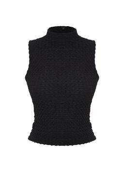 Siyah Dik Yaka Dokulu Kumas Fitted/Vucuda Oturan Esnek Orme Orme Bluz TWOSS24BZ00066 - Trendyolmilla фото 13