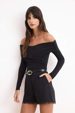 Siyah Fitted/Vucuda Oturan Carmen Yaka Buzgu Detayl? Uzun Kol Orme Bluz TWOSS26BZ00701