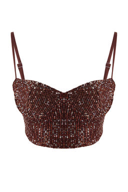 Kahverengi Payet Vucudu Saran Crop Party Bluz TPRSS26BZ00014