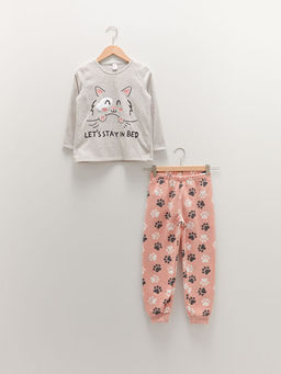 Bisiklet Yaka Bask?l? Uzun Kollu Polar K?z ?ocuk Pijama Tak?m?