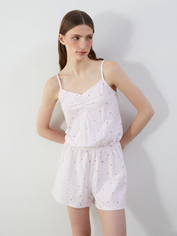 V Yaka Desenli Ask?l? Kad?n ?ortlu Tulum Pijama