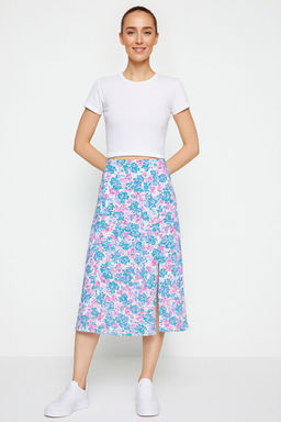 Indigo-Ekru Y?rtmac Detayl? Cicek Desenli Viskon Kumasl? Midi Dokuma Etek TWOSS20ET0230