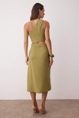 Haki Bel Cut Out/Pencere Detayl? Dokuma Midi Elbise TWOSS25EL00887 - Trendyolmilla фото 4