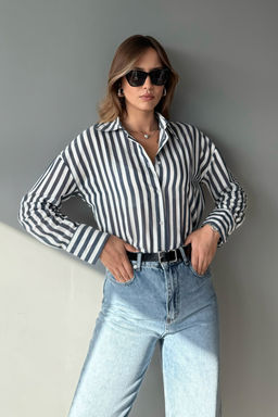 Kahverengi Bej Cizgili Oversize Gomlek TWOAW26GO00093 - Trendyolmilla фото 9