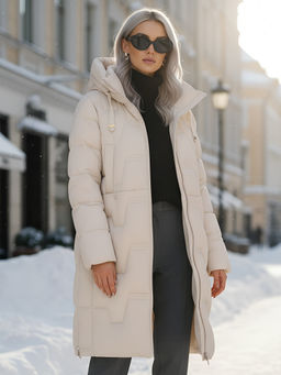 Пальто зимнее утепленное с капюшоном женское бежевого цвета 7638B - Visdeer фото 24