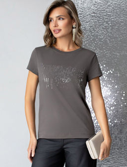 Футболка Vilatte с принтом из хлопка с эластаном темно-серый  фото 2