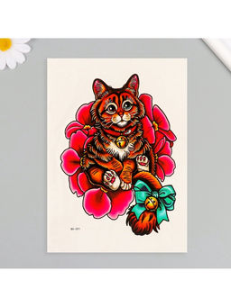 Цена за 2 шт. Переводная тату на тело цветная Котик с бубенцом, 26.1?14.6 см
