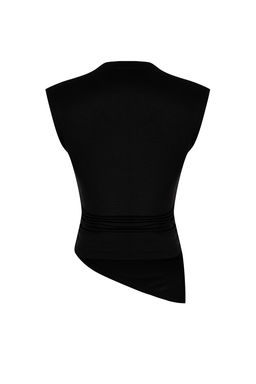 Siyah Dik Yaka Buzgu/Drape Detayl? Fitted/Vucuda Oturan Asimetrik Orme Bluz TWOSS24BZ00534