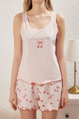 Trendyolmilla Pembe %100 Pamuklu Kiraz Desenli Kurdele/Fiyonklu Sortlu Orme Pijama Tak?m? THMSS25PT00186  фото 3