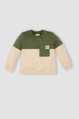 Erkek Bebek Bisiklet Yaka Renk Bloklu Ici Yumusak Tuylu Sweatshirt