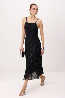Siyah Dantel Tas Bask?l? Tul Astarl? Midi Elbise TPRSS26EL00004 - Trendyolmilla фото 4