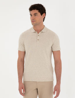 Bej Slim Fit D__meli Polo Yaka Keten Kar___ml_ Triko Ti__rt