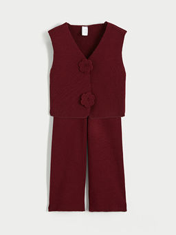 ?i?ekli K?z ?ocuk Triko Yelek ve Pantolon