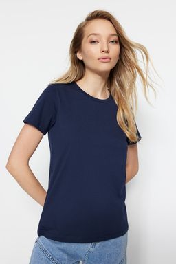 Lacivert-Bej %100 Pamuk 2li Paket Basic Bisiklet Yaka Orme T-Shirt TWOSS20TS0141