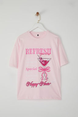 TRENDYOLMILLA Ac?k Pembe %100 Pamuk Kokteyl Bask?l? Oversize/Genis Kesim Orme T-Shirt TWOSS25TS00163 фото 5