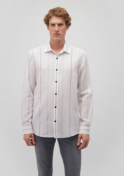 Cizgili Beyaz Gomlek - Mavi фото 3