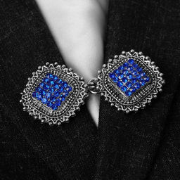 Зажим для кардигана «Квадраты», синий в чернёном серебре