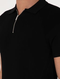 Siyah Slim Fit Fermuarl_ Polo Yaka Triko T-shirt