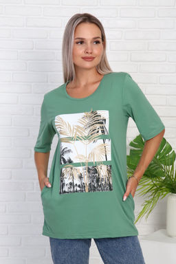 Футболка удлиненная с рисунком листья пальмы, Арт. 786