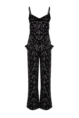 Trendyolmilla Siyah Cicekli F?rf?rl? Ip Ask?l? Viskon Dokuma Pijama Tak?m? THMSS24PT00301