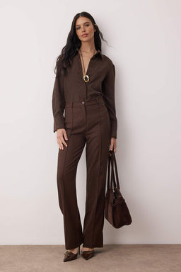 Koyu Kahverengi Straight/Duz Kesim Yuksek Bel Nervur Dikisli Dokuma Pantolon TWOSS21PL0093