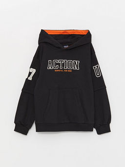 Bask?l? Uzun Kollu Erkek ?ocuk Hoodie