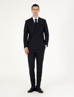 Lacivert Ex. Slim Fit _izgili Kruvaze Y_n Kar___ml_ Tak_m Elbise