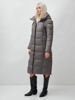 Пальто утепленное стеганное зимнее с капюшоном женское темно-серого цвета 9606TC