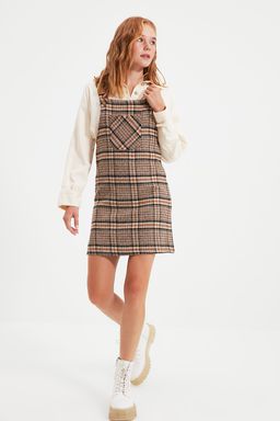 TRENDYOLMILLA Ekru Mini Dokuma Ekose Desenli Jile Elbise TWOAW20EL0208
