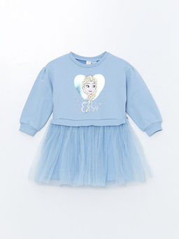 Bisiklet Yaka Uzun Kollu Elsa Bask?l? K?z Bebek Elbise