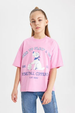 K?z Cocuk Oversize Genis Kal?p Bisiklet Yaka Bask?l? K?sa Kollu Tisort