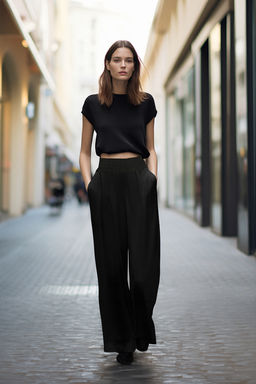 Siyah Wide Leg/Genis Paca Beli Lastikli Dokuma Pantolon TWOSS22PL00024