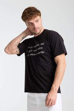 TRENDYOL MAN Siyah Oversize/Genis Kesim Yaz? Nak?sl? %100 Pamuk T-Shirt TMNSS25TS00203 - Trendyolmilla фото 3