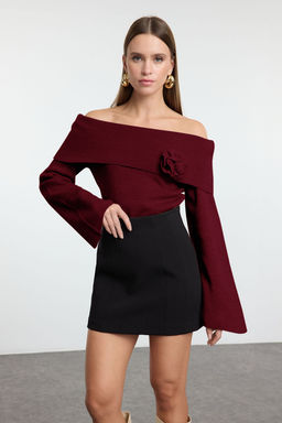 Bordo Gul Detayl? Carmen Yaka Triko Kazak TWOAW25KZ00373