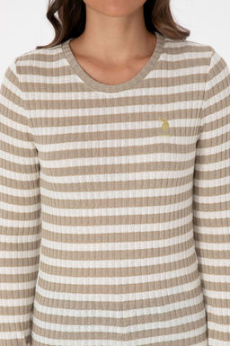 Kad_n Koyu Bej _izgili Bisiklet Yaka Sweatshirt