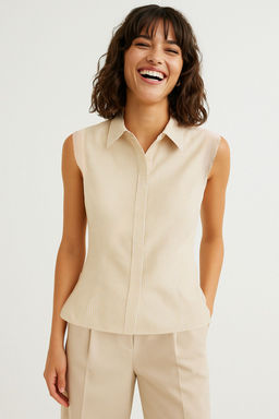 TRENDYOLMILLA Bej Kolsuz Cizgili Ceket Formda Belden Oturan Dokuma Gomlek TWOSS25GO00088