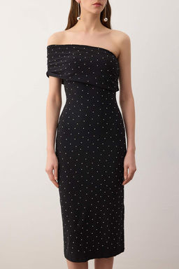 Siyah Tas Bask?l? Tek Omuz Orme Midi Astars?z Elbise TPRAW26EL00061 - Trendyolmilla фото 3