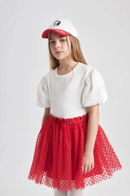 Белая футболка облегающего кроя с круглым вырезом в рубчик и короткими рукавами для девочек - Defacto фото 4