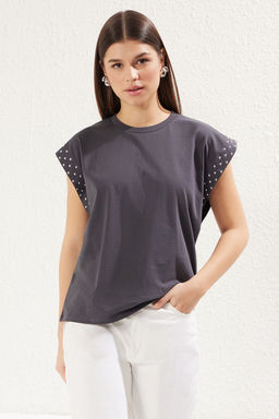 TRENDYOLMILLA Lacivert %100 Pamuk Dugme Detayl? Vatka Gorunumlu Basic Bisiklet Yaka Orme T-Shirt TWOSS23TS00016  фото 22