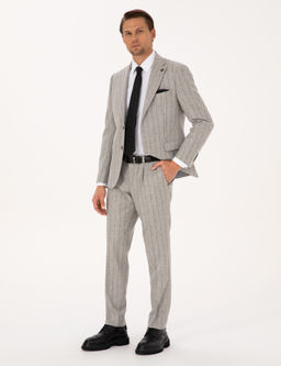 Gri Slim Fit Y_n Ka_mir Kar___ml_ _izgili Tak_m Elbise