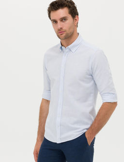 A__k Mavi Keten Kar___ml_ Slim Fit Uzun Kollu G_mlek - Cacharel фото 3