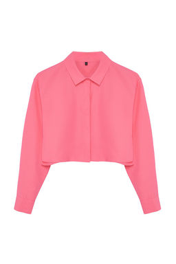 Pembe Crop Dokuma S?rt Dekolteli Keten Gorunumlu Plaj Gomlegi TBESS24GO00012