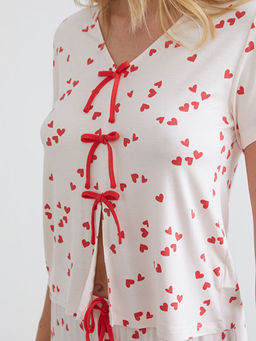 Ba?lama Detayl? Kalp Bask?l? Kad?n Pijama Tak?m?