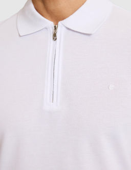 Beyaz Slim Fit Fermuarl_ Polo Yaka Saf Pamuk T-shirt